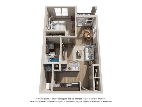 Floor plan for 1 bed, 1 bath, 640 sqft